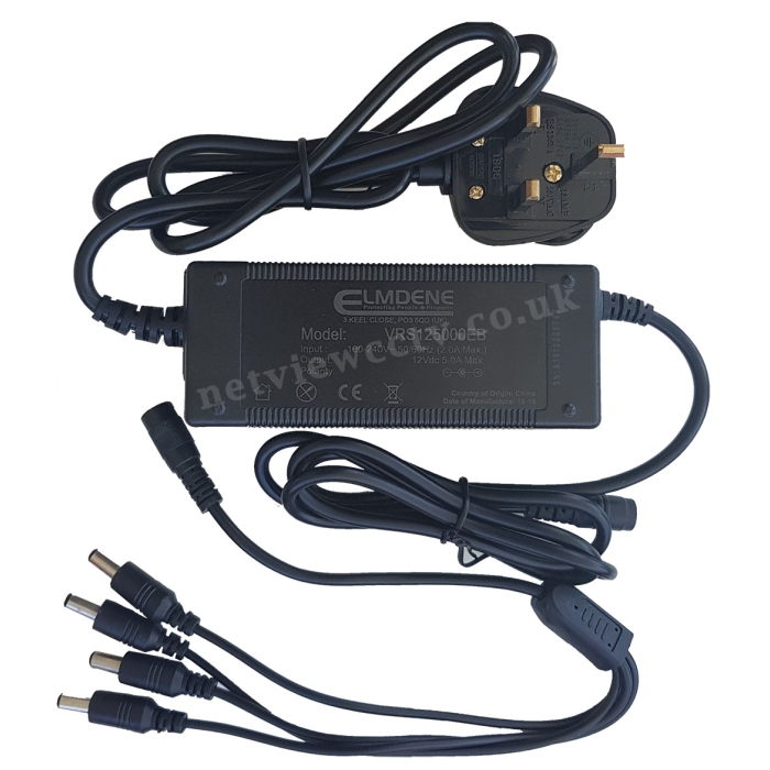 Elmdene 12v Professional 5A Power Supply 4-Way Encapsulated for CCTV Cameras