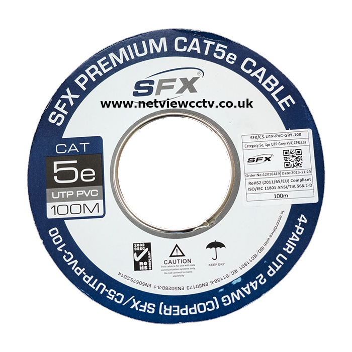 SFX 100m Cat5e Premium UTP Cable Solid Copper PVC Grey