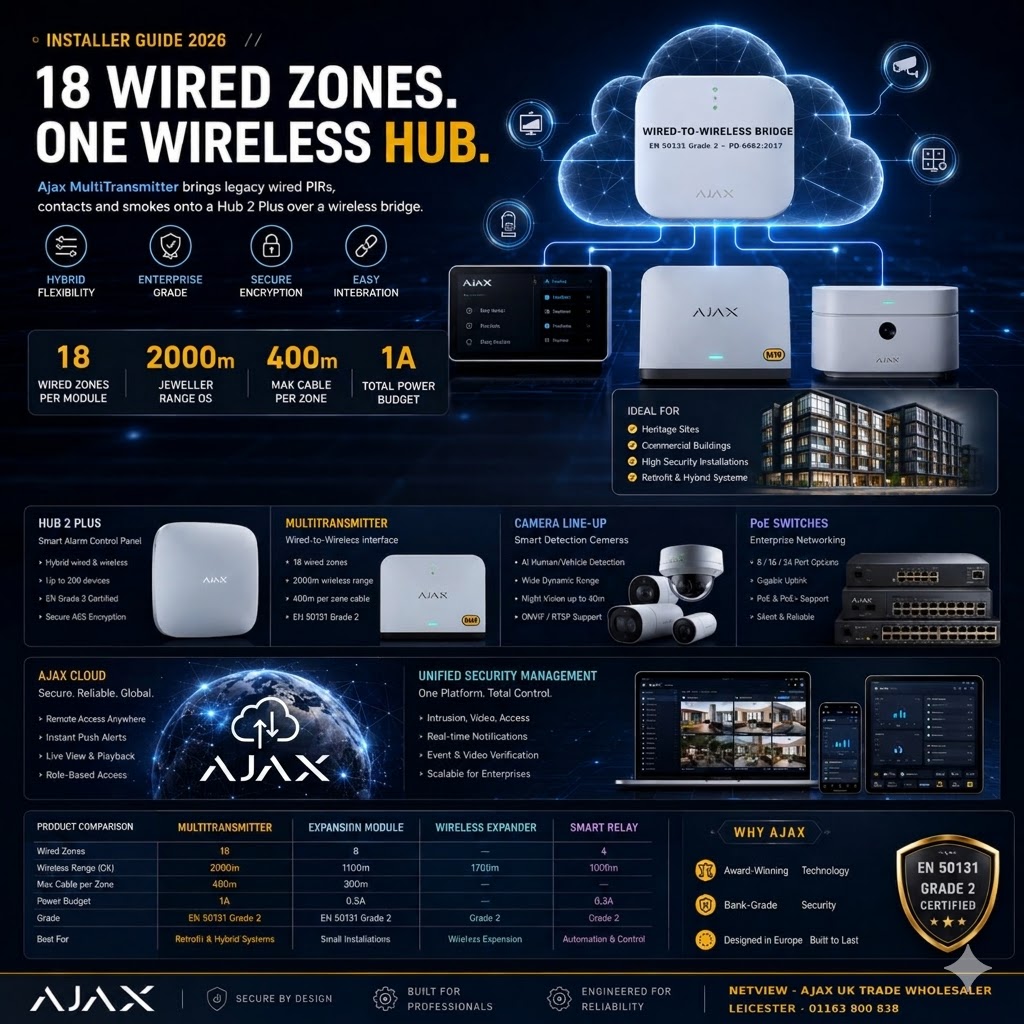 Ajax MultiTransmitter installer guide hero — 18 wired zones, Hub 2 Plus pairing, EN 50131 Grade 2
