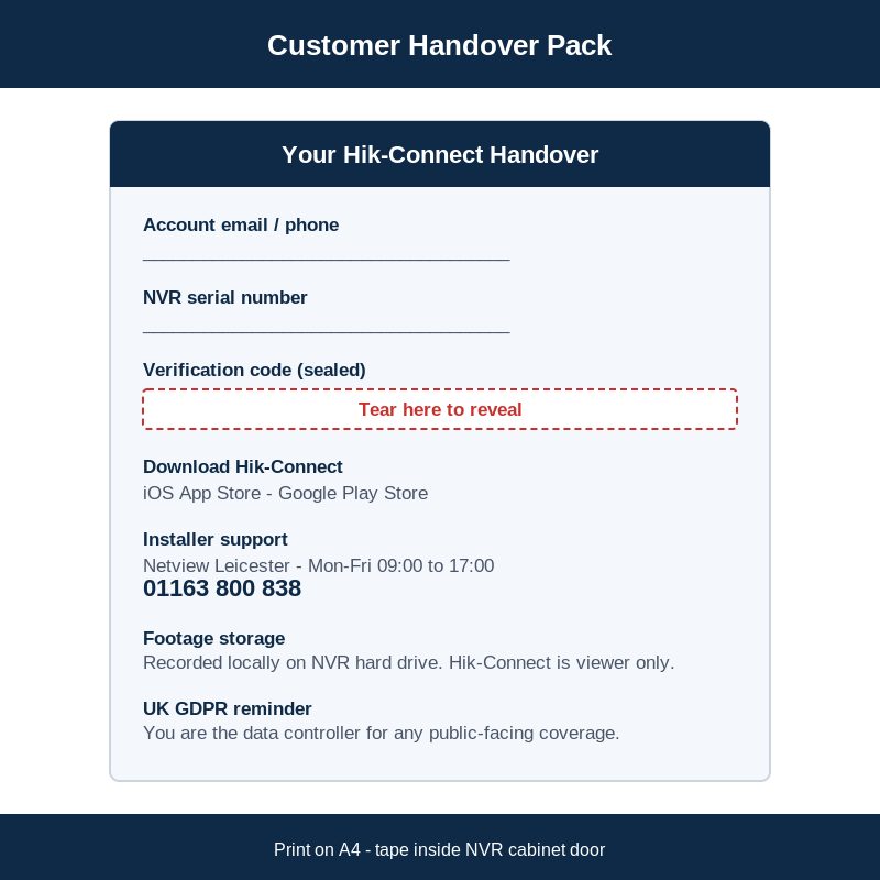 Hik-Connect customer handover pack checklist for UK installers