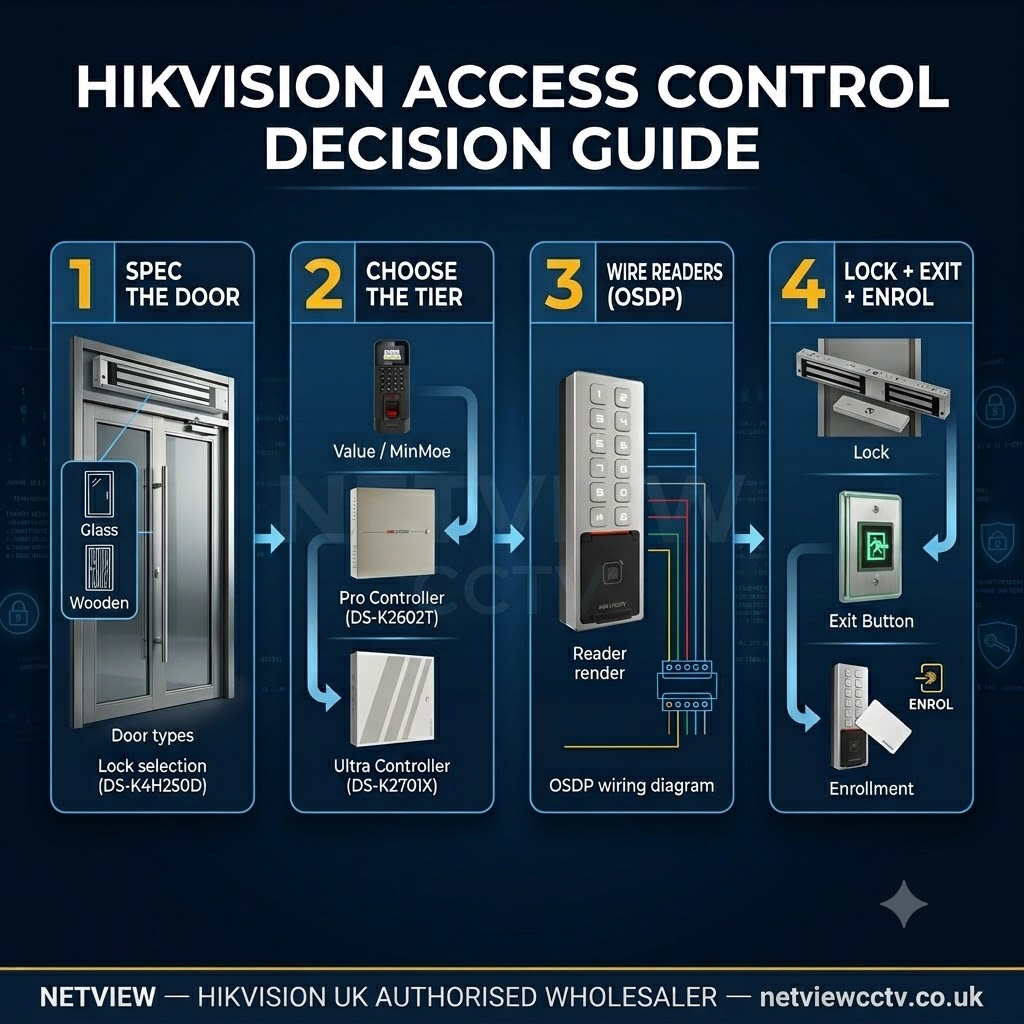 Six-step Hikvision access control install and commissioning workflow