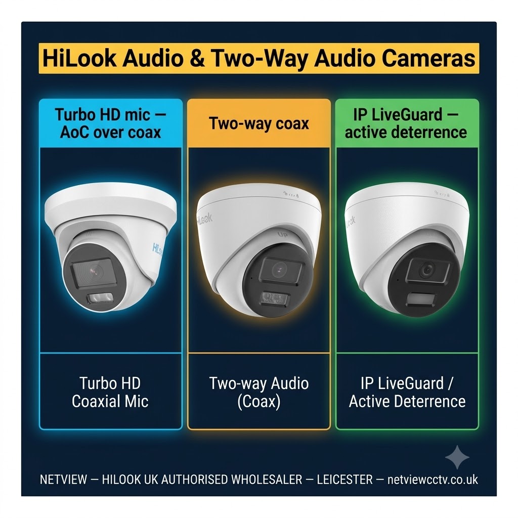 HiLook audio paths: Turbo HD Audio over Coax to a DVR vs IP audio over the network to an NVR