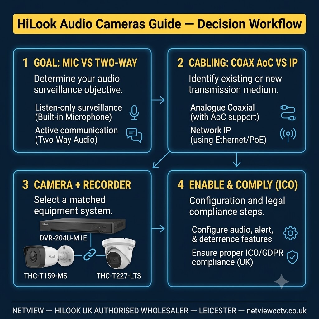 Four steps to specify HiLook audio: choose mic or two-way, check the recorder, enable audio, add signage