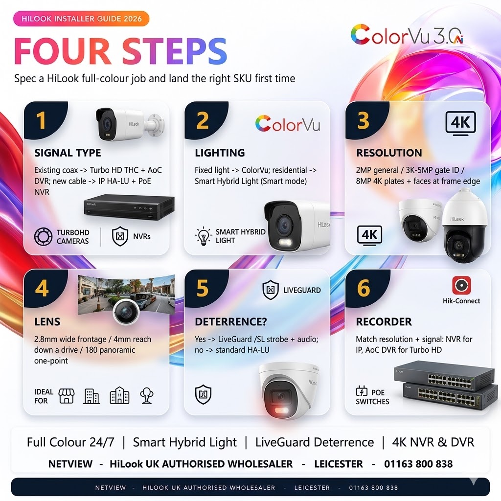 HiLook ColorVu specification workflow — choose technology, lens, resolution then recorder