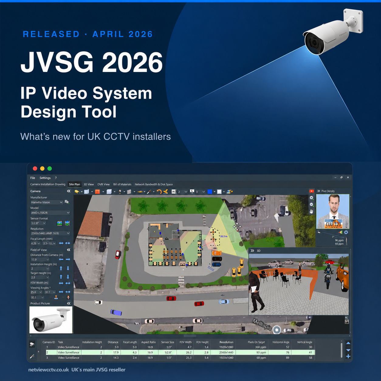 JVSG IP Video System Design Tool 2026 release graphic with site plan and DORI zones