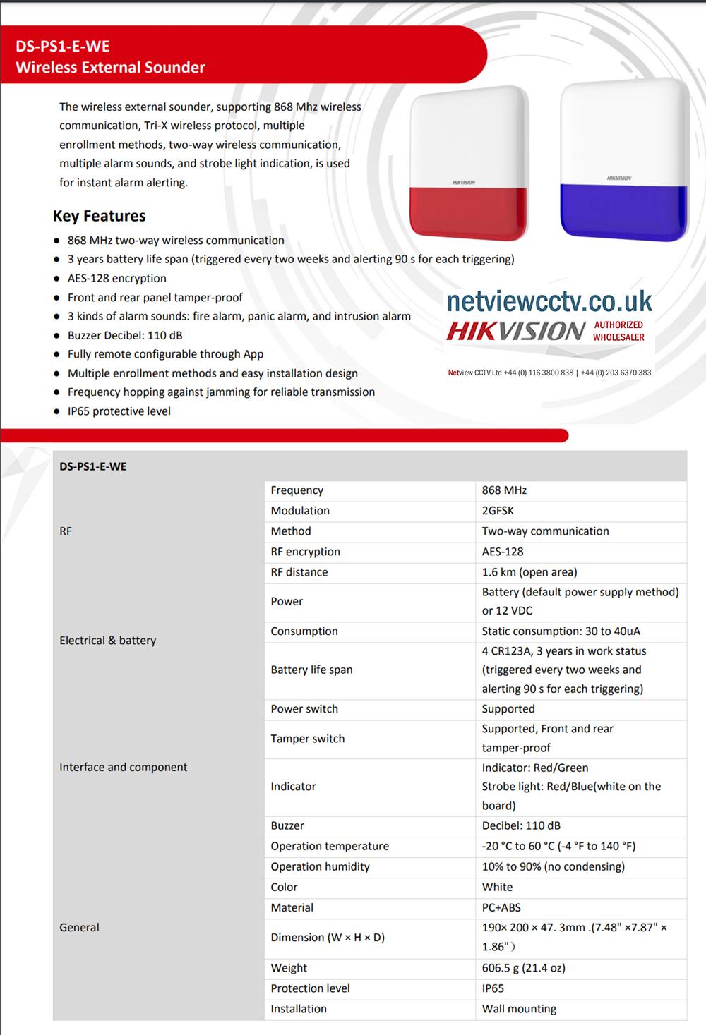 Hikvision AX PRO DS-PS1-E-WE Wireless External Bellbox Sounder Siren & Strobe Datasheet