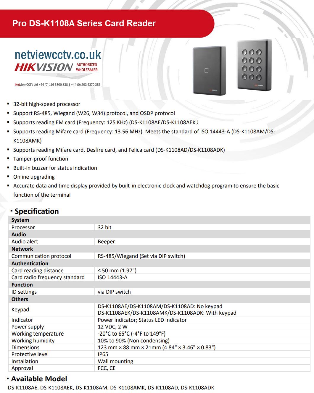 Hikvision Pro DS-K1108A Series Card Reader Datasheet