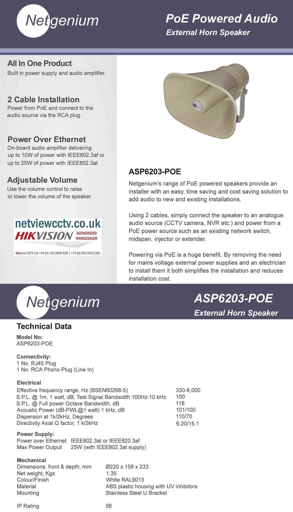 Netgenium ASP6203-POE Analogue PoE Powered Horn Speaker - Power from NVR PoE Port