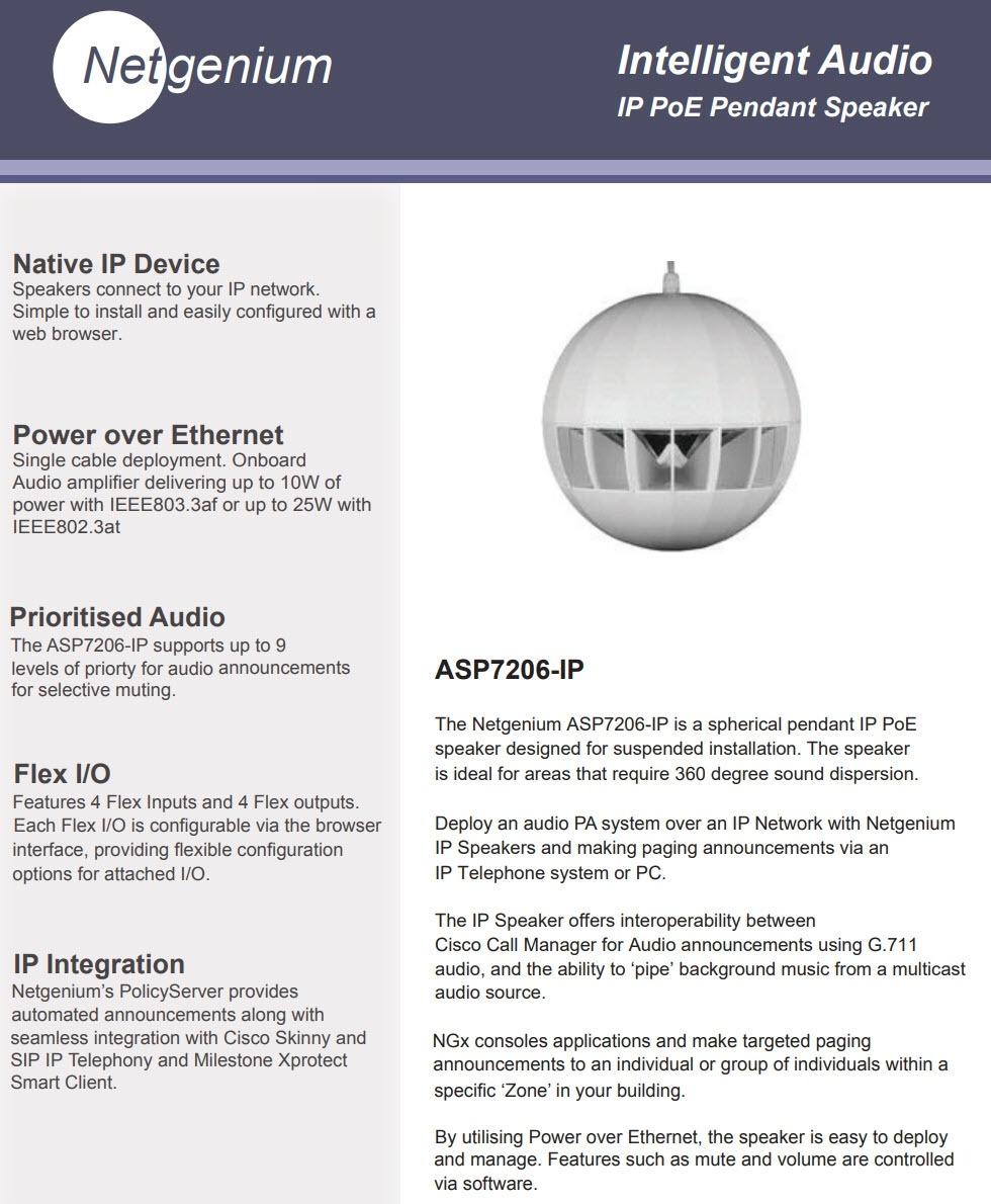 Network IP Pendant Speaker Netgenium ASP7206-IP PoE Powered Network IP Pendant Speaker Netgenium ASP7206-IP PoE Powered