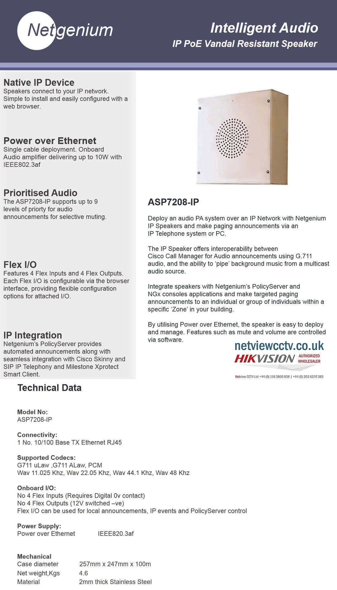 Network Vandal Resistant Speaker Netgenium ASP7208-IP PoE Powered Internal
