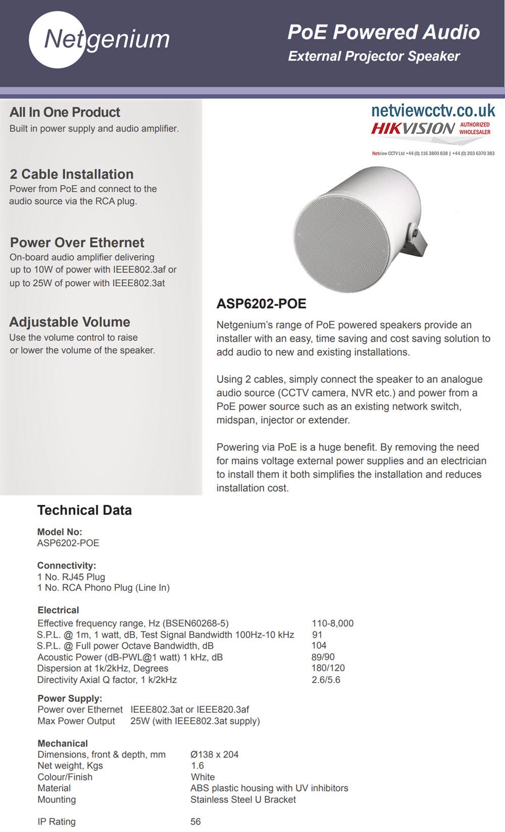 Netgenium ASP6202-Analogue Projector Speaker Datasheet