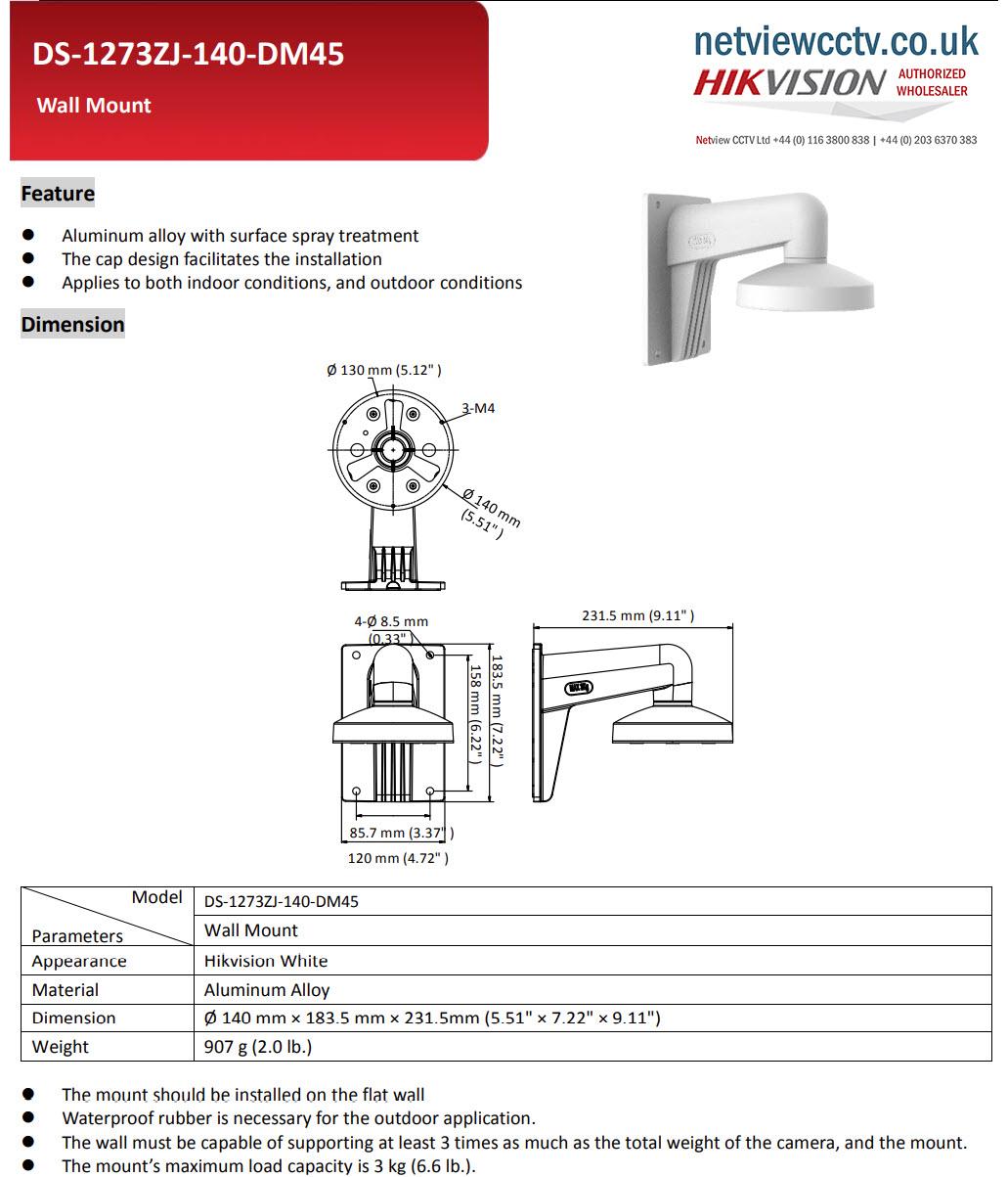 Hikvision DS-1273ZJ-140-DM45 Wall Mount for DS-2CE5AH0T-VPIT3ZE(C) Dome