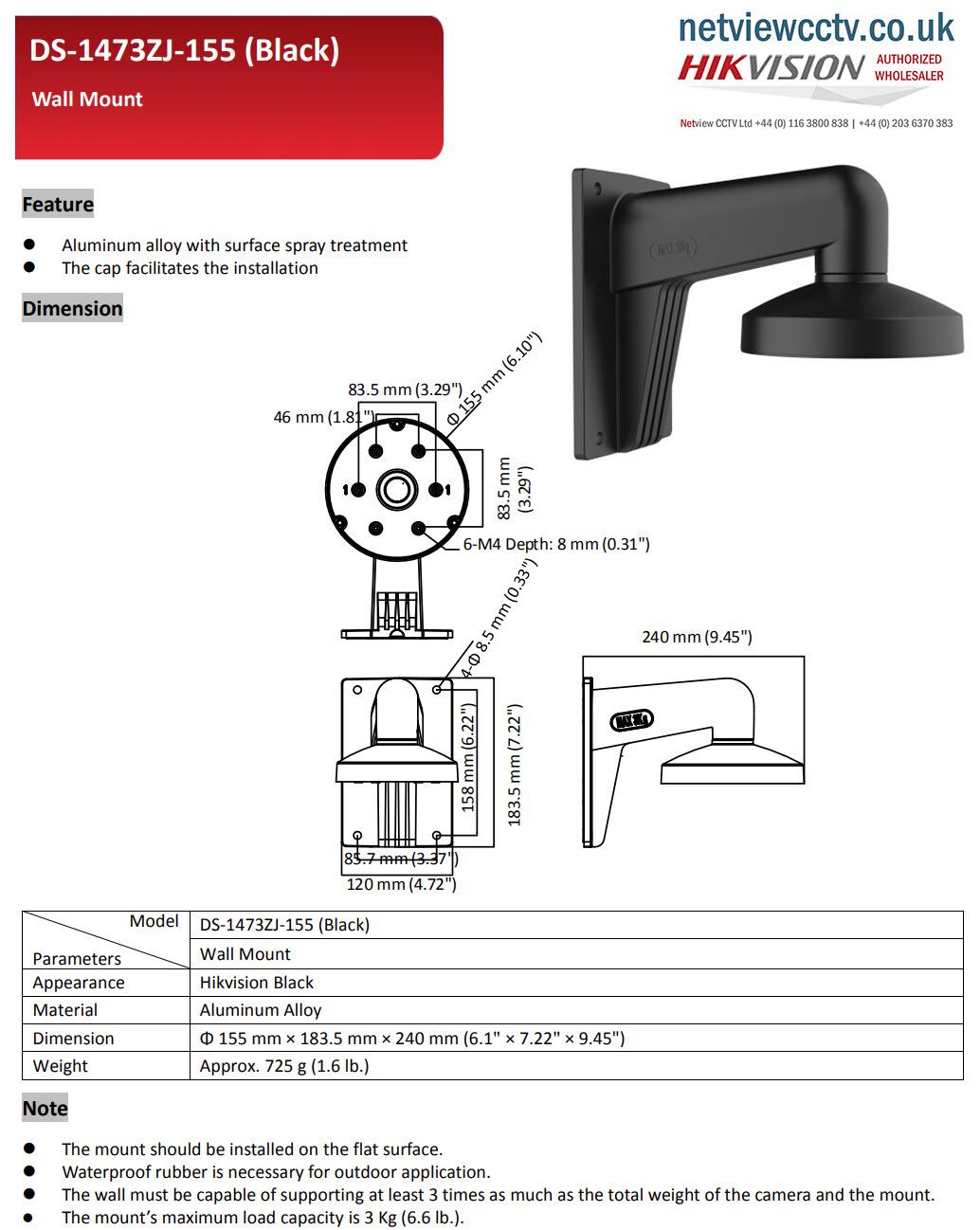 Hikvision DS-1473ZJ-155(BLACK) Wall Mount Bracket datasheet