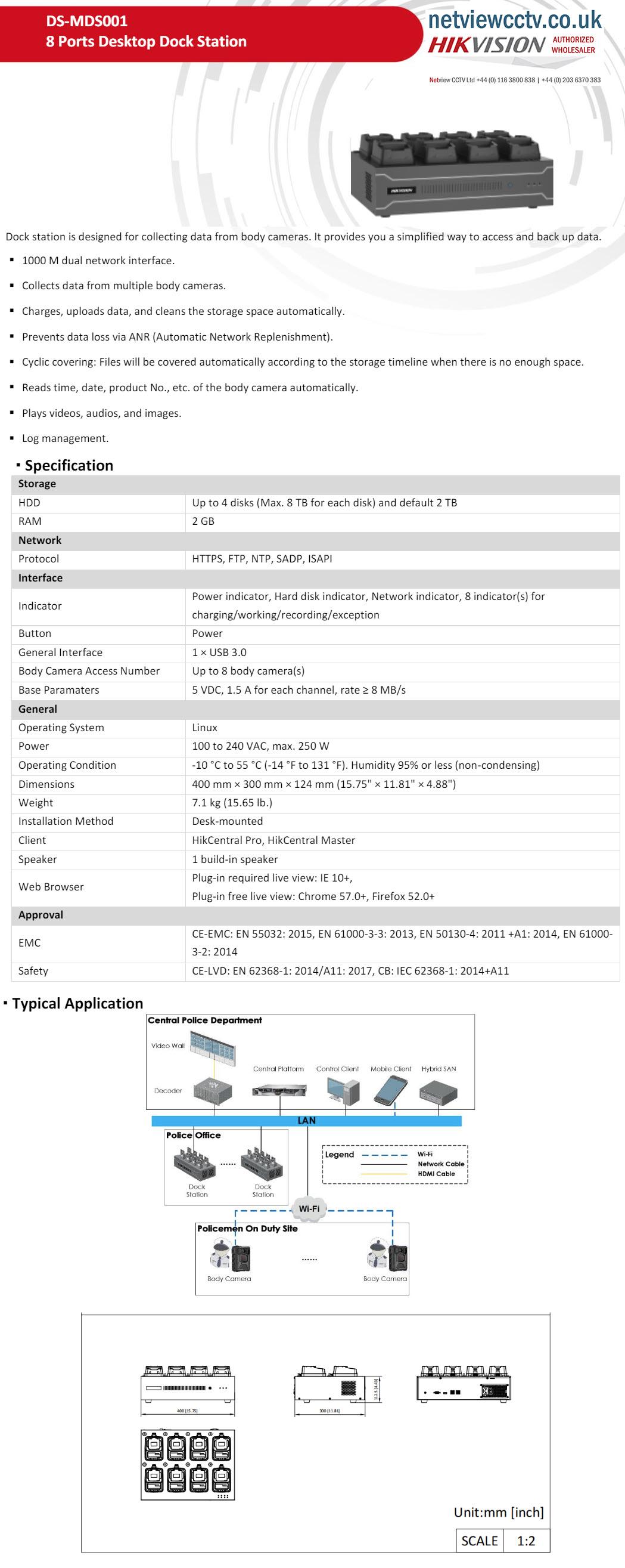 Hikvision DS-MDS001/2T(MCW407) Body Worn Camera 8-Port Docking Station Datasheet