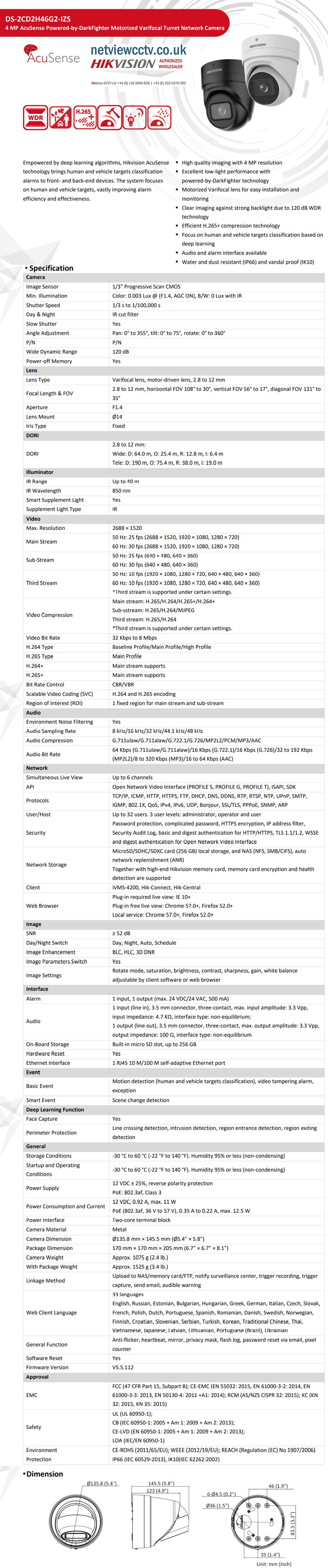 4MP DS-2CD2H46G2-IZS(2.8-12mm)(C) Motorized Lens IP Turret Camera Datasheet