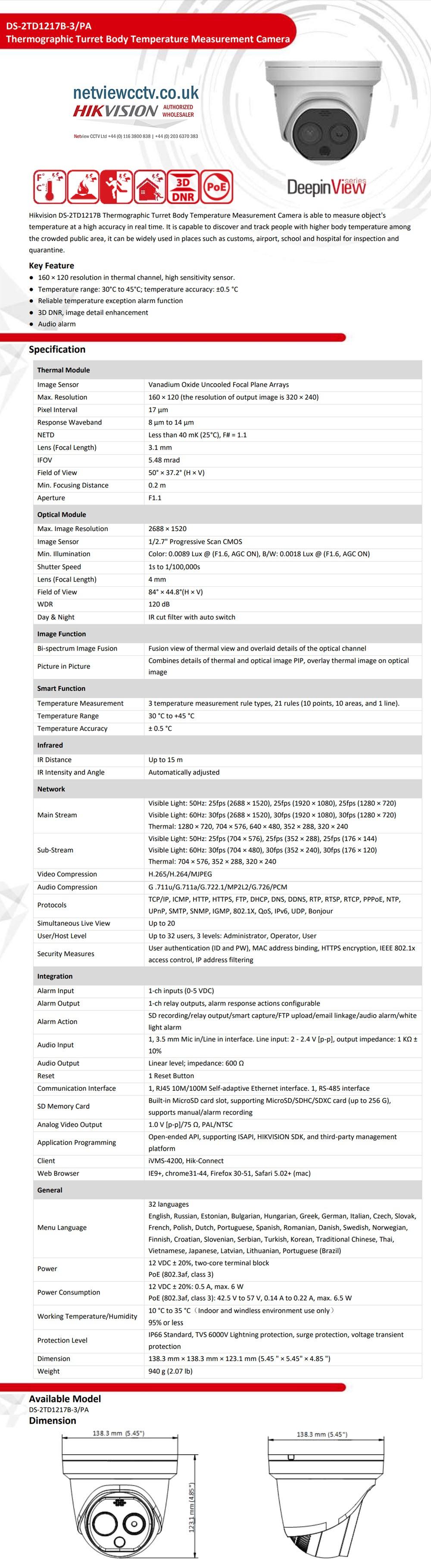 DS-2TD1217B-3/PA Hikvision 3mm Temperature Scanning Thermographic Temp Measurement Turret Camera