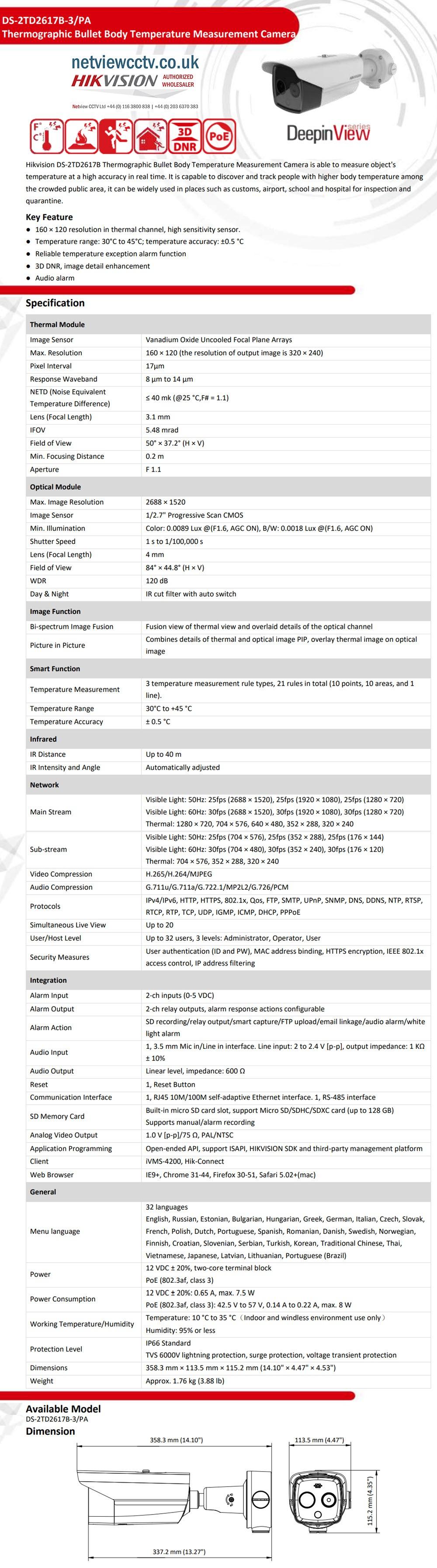 DS-2TD2617B-3/PA Hikvision 3mm Temperature Scanning Thermographic Temp Measurement Bullet Camera