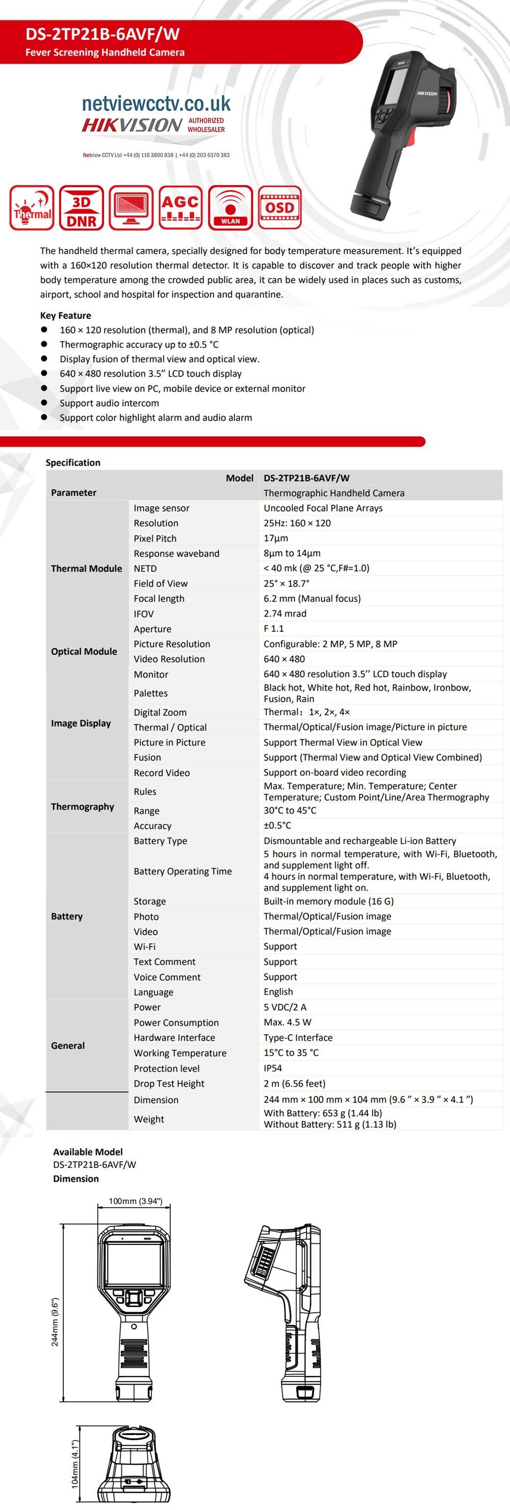 DS-2TP21B-6AVF/W Hikvision Temperature Scanning Thermography Handheld Wireless Camera