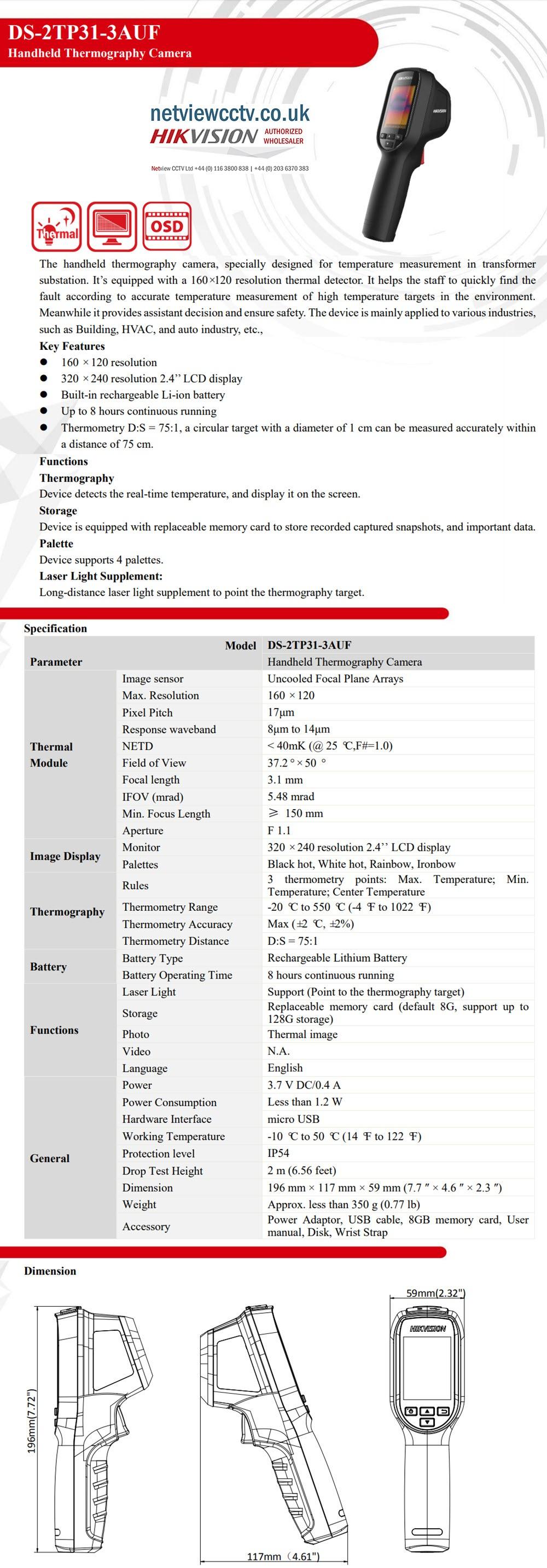 DS-2TP31B-3AUF Hikvision Temperature Scanning Thermography Handheld Camera