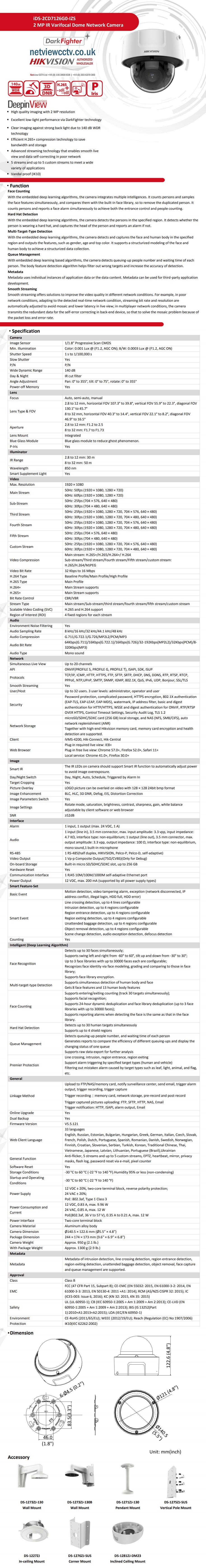 2MP IDS-2CD7126G0-IZS DeepinView Darkfighter AI Internal Dome Datasheet