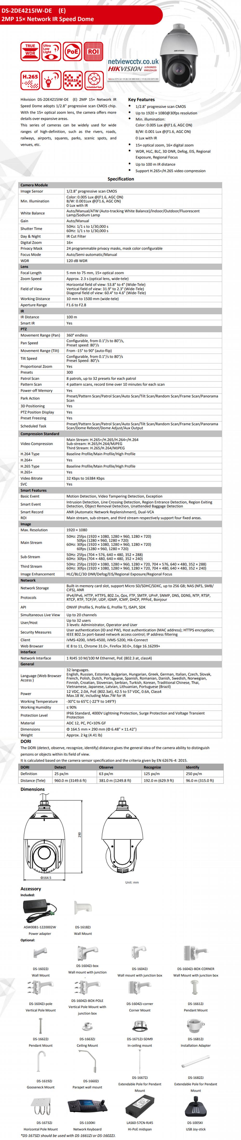 2MP DS-2DE4215IW-DE Hikvision 15× Zoom Ultra-Low Light PTZ IP Camera 100m IR