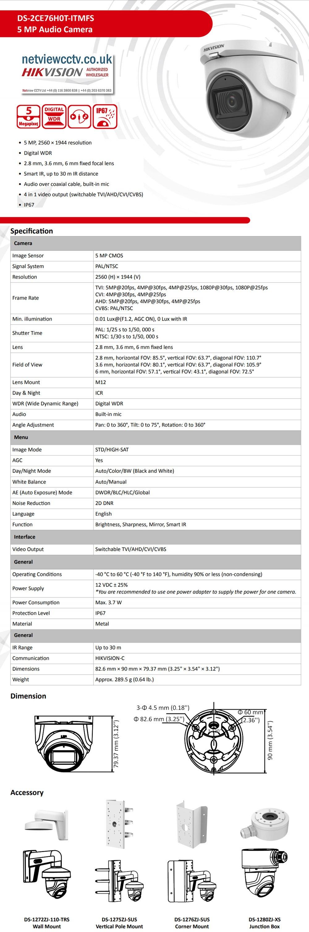 Trang datasheet DS-2CE76H0T-ITMFS thể hiện chuẩn 5MP, AoC Audio Over Coax và vỏ kim loại IP67