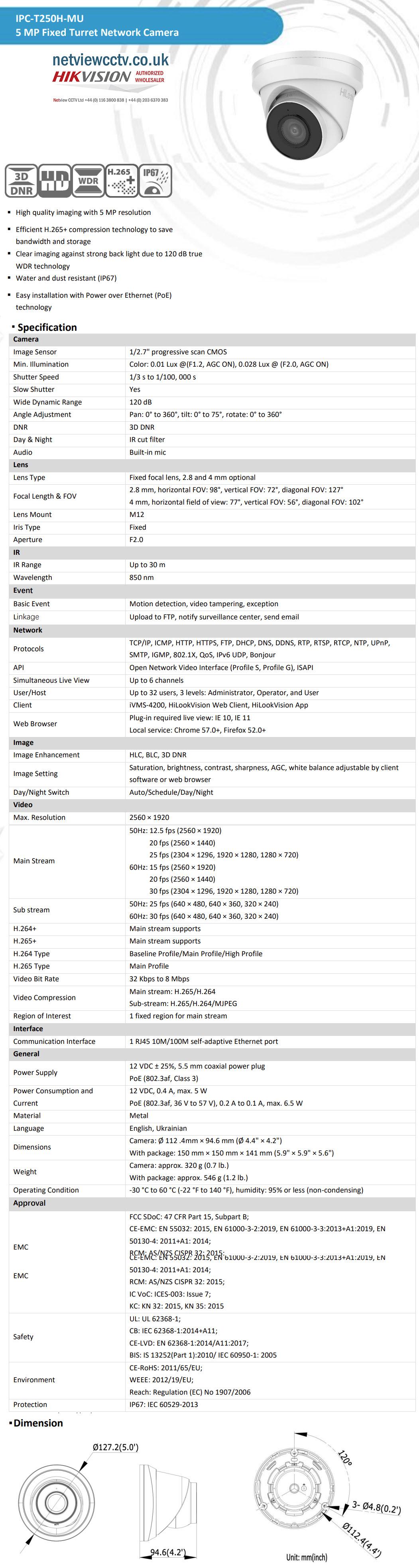 5MP Hikvision HiLook IPC-T250H-MU(2.8MM) 100° IP Metal Turret Camera with Mic