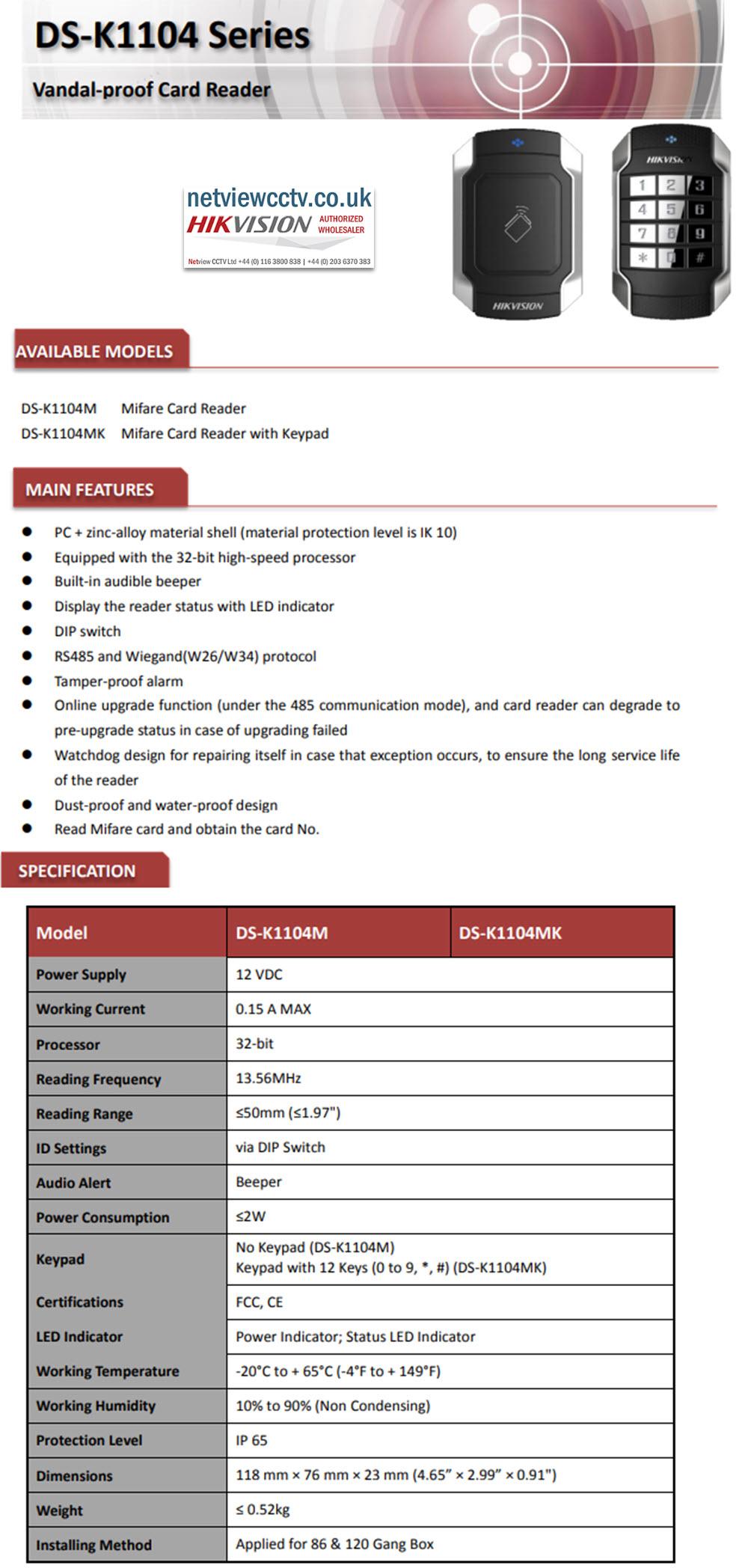 Hikvision DS-K1104M Vandal Resistant Mifare Card Reader Without Keypad