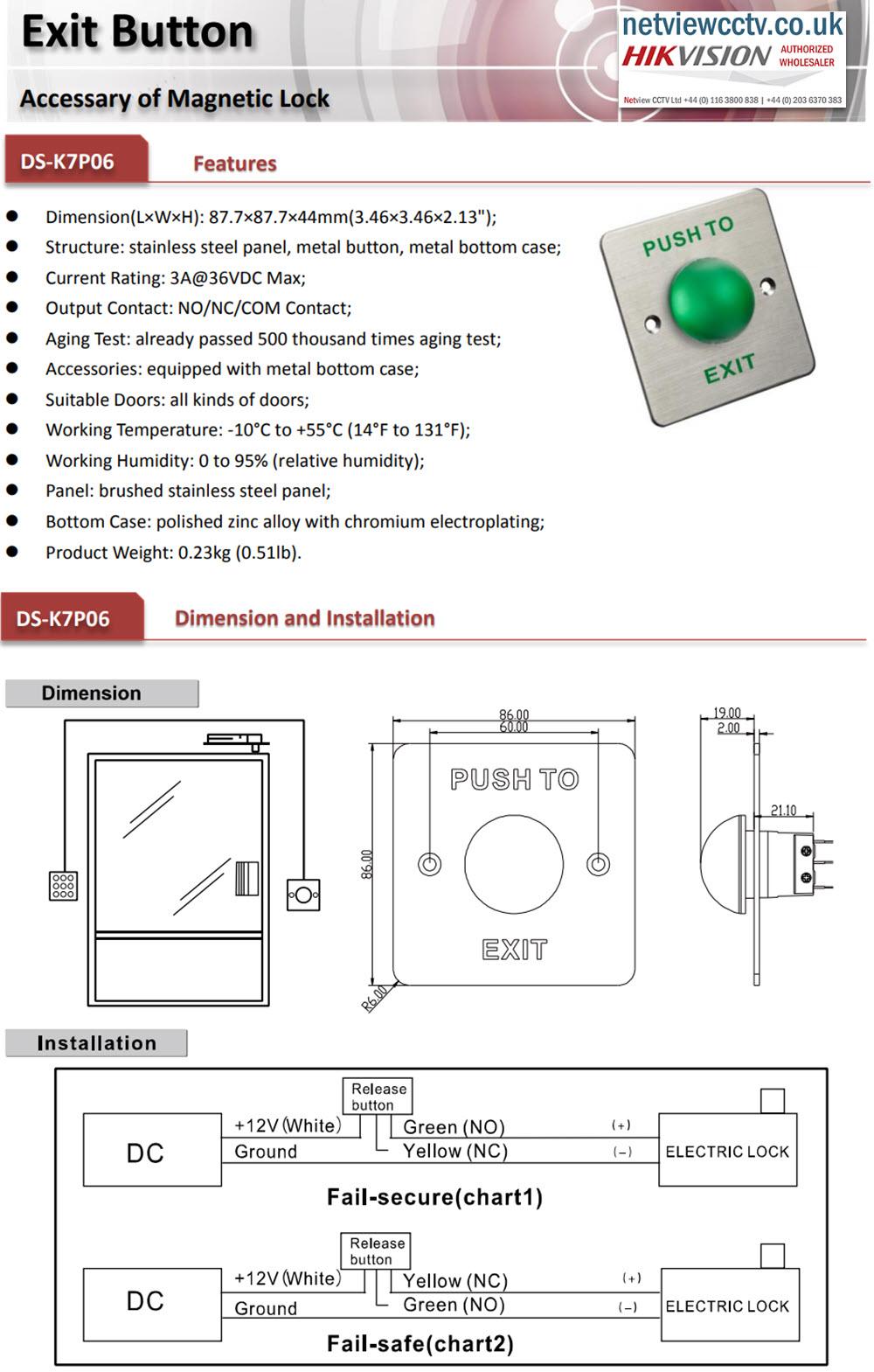 Hikvision DS-K7P06 Brushed Stainless Steel Panel Push To Exit & Emergency Button